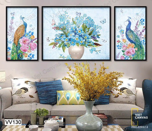 Bộ 3 Tranh Chim Công Và Bình Hoa - VV130