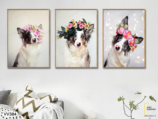 Bộ 3 Tranh Những Chú Chó Đội Vòng Hoa - VV384