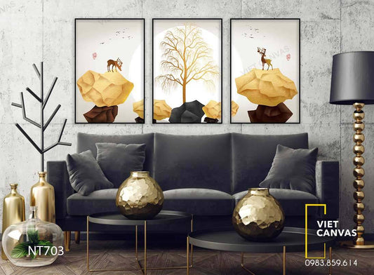 Bộ 3 Tranh Hươu, Cây Và Những Khối Đá - NT703