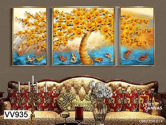 Bộ 3 Tranh Đàn Cá Và Cây Hoa Vàng - VV935