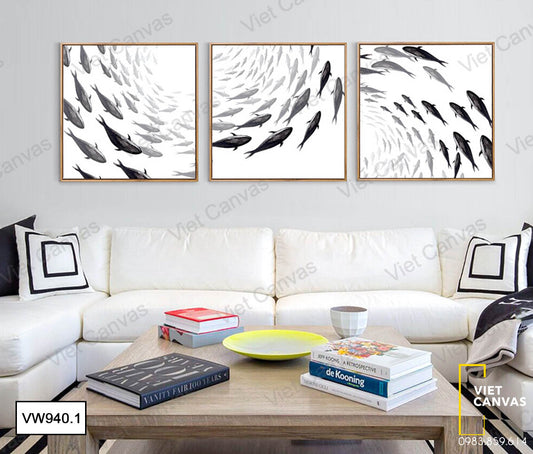 Bộ 3 Tranh Đàn Cá Bơi Nghệ Thuật - VW940.1