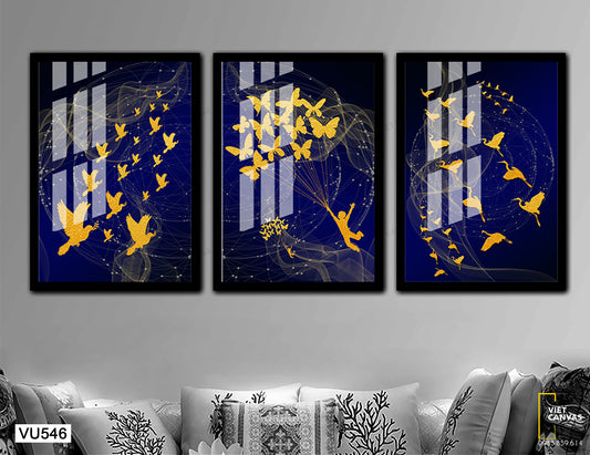 Bộ 3 Tranh Đàn Chim, Bướm Và Cò - VU546