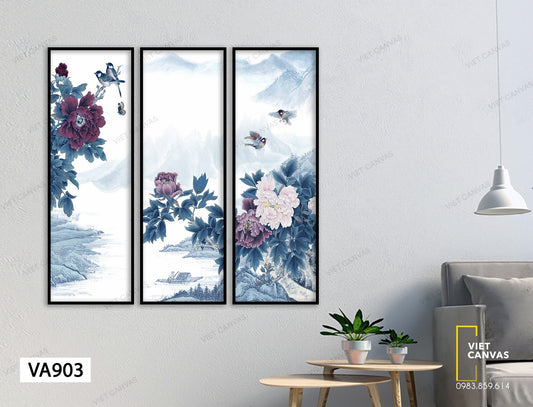 Bộ 3 Tranh Đàn Chim Ríu Rít Bên Hoa Thơm - VA903