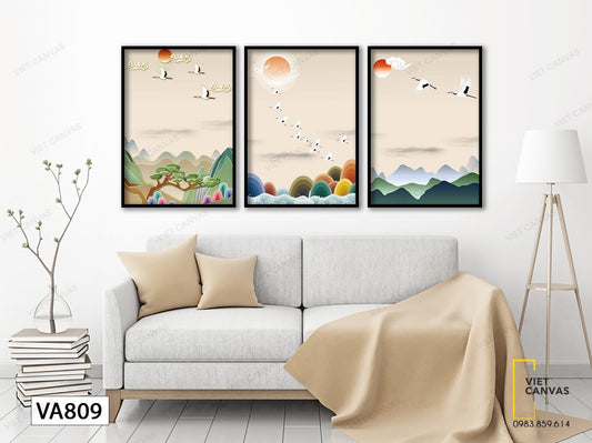 Bộ 3 Tranh Đàn Hạc Vượt Ngàn Dặm Đường - VA809