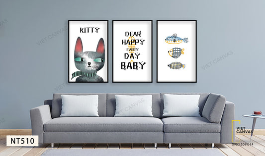 Bộ 3 Tranh Mèo, Cá Và Quotes Be Happy Every Day - NT510