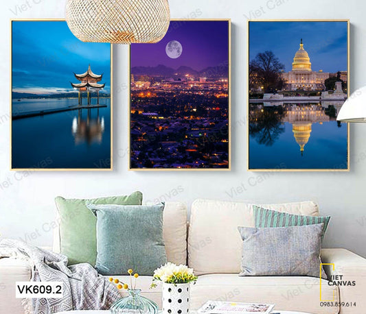 Bộ 3 Tranh Đền, Tháp Và Các Khu Nhà Về Đêm - VK609.2