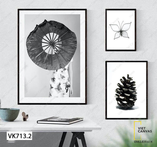 Bộ 3 Tranh Con Bướm, Trái Thông Và Cô Gái Bên Chiếc Ô - VK713.2