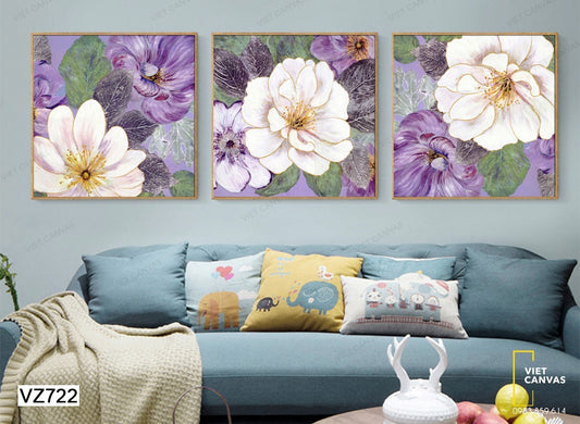 Bộ 3 Tranh Đóa Hoa Sắc Tím Và Trắng Ngọt Ngào - VZ722