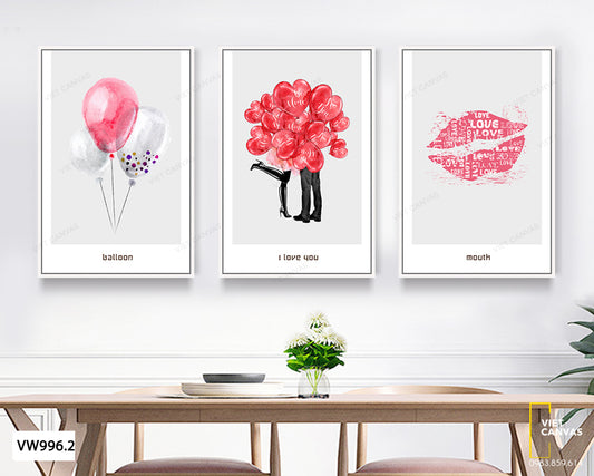 Bộ 3 Tranh Đôi Môi, Bóng Bay Và Tình Yêu - VW996.2