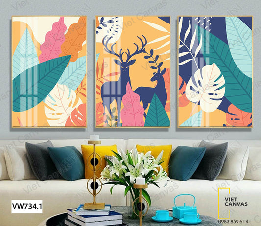 Bộ 3 Tranh Đôi Nai Và Những Chiếc Lá Sắc Màu - VW734.1