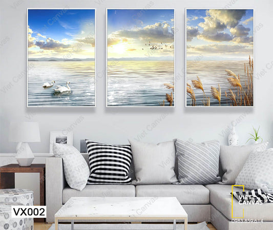 Bộ 3 Tranh Đôi Thiên Nga Bơi Lội Trên Sông - VX002