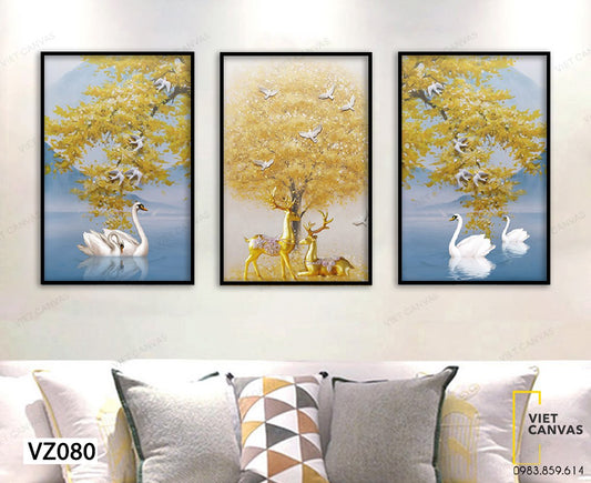 Bộ 3 Tranh Hươu, Ngan Và Đàn Chim Bên Cây Lá Vàng - VZ080