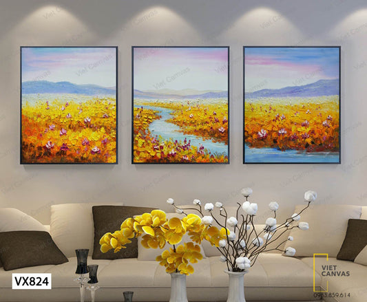 Bộ 3 Tranh Dòng Sông Giữa Cánh Đồng Hoa -VX824