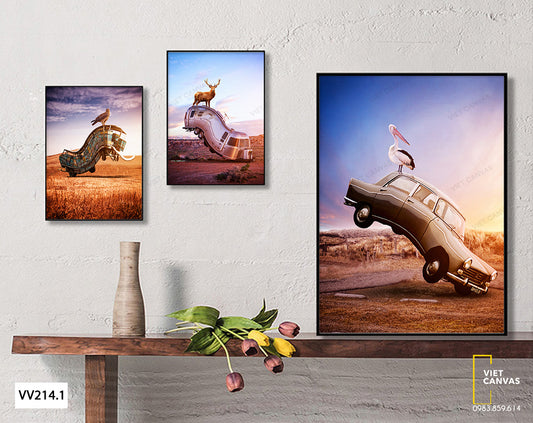 Bộ 3 Tranh Động Vật Và Những Chiếc Xe - VV214.1