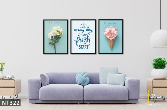 Bộ 3 Tranh Ly Kem Hoa, Cành Hoa Và Quotes - NT322