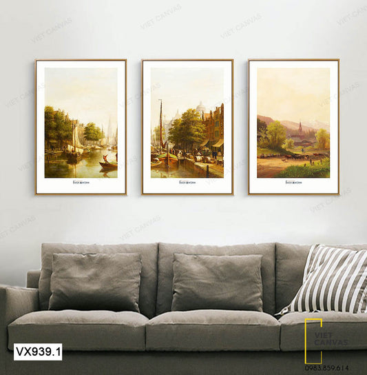 Bộ 3 Tranh Ghe Thuyền Và Vùng Quê Yên Bình - VX939.1