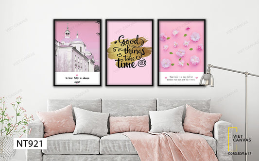 Bộ 3 Tranh Tòa Lâu Đài, Hoa Lá Và Quotes Good Things Take Time - NT921