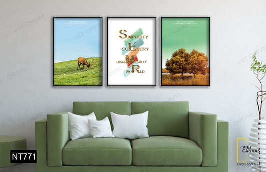 Bộ 3 Tranh Hươu Ăn Cỏ, Khu Rừng Và Quotes - NT771