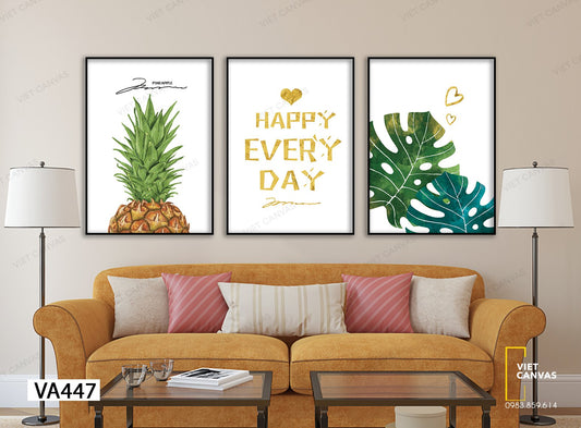Bộ 3 Tranh Trái Dứa, Lá Xanh Và Quotes - VA447