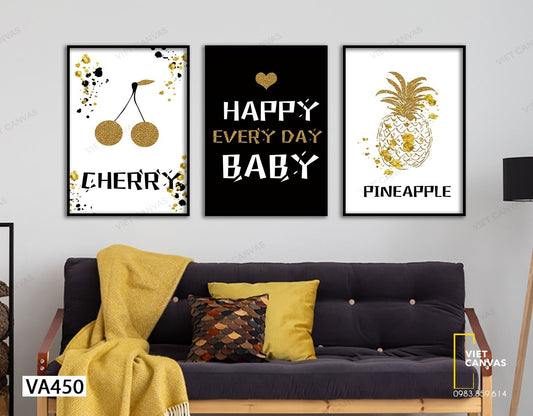 Bộ 3 Tranh Cherry, Trái Dứa Và Quotes - VA450