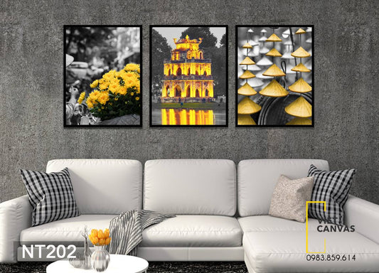 Bộ 3 Tranh Hồ Gươm, Hoa Cúc Và Nón Lá - NT202