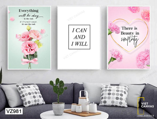 Bộ 3 Tranh Hoa Cẩm Chướng Và Quotes - VZ981
