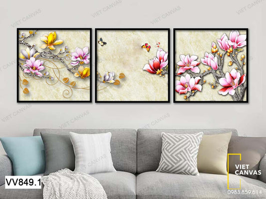 Bộ 3 Tranh Hoa Gạo Và Bướm - VV849.1