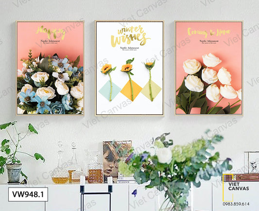Bộ 3 Tranh Hoa Hồng Và Hoa Đồng Tiền - VW948.1