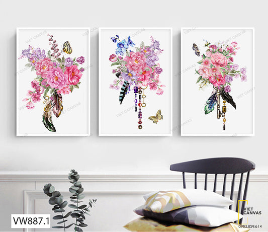 Bộ 3 Tranh Hoa Và Lông Vũ - VW887.1