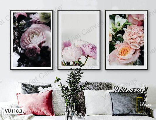 Bộ 3 Tranh Hoa Mẫu Đơn Và Hoa Hồng - VU118.3