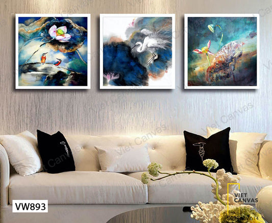 Bộ 3 Tranh Hoa Sen Và Chim - VW893