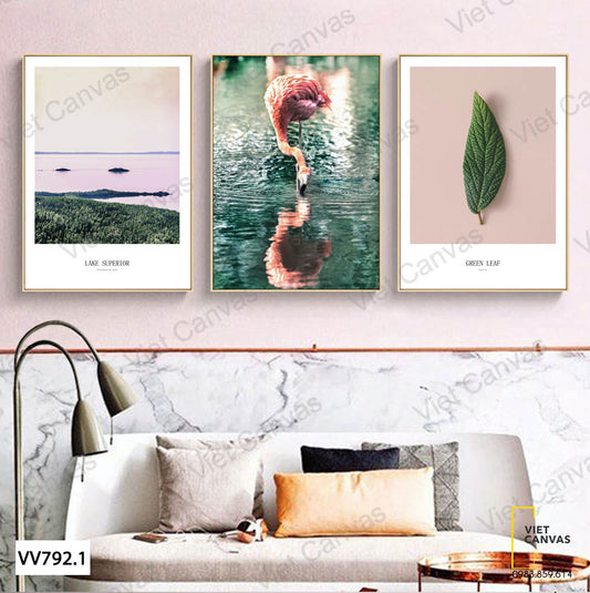 Bộ 3 Tranh Hồng Hạc, Lá Cây Và Hồ Nước - VV792.1