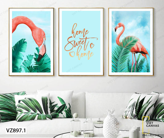 Bộ 3 Tranh Hồng Hạc, Lá Cây Và Quotes - VZ897.1