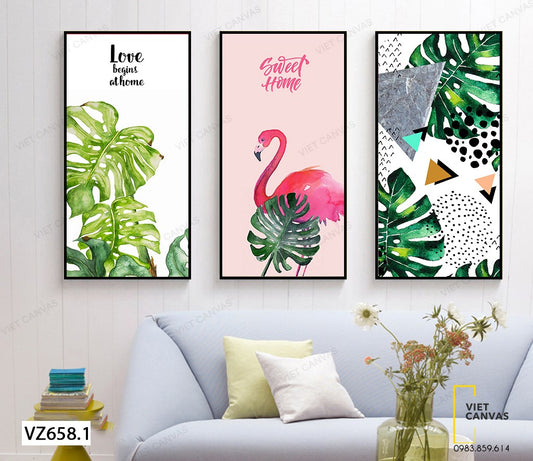 Bộ 3 Tranh Hồng Hạc Và Lá Cây Monstera - VZ658.1