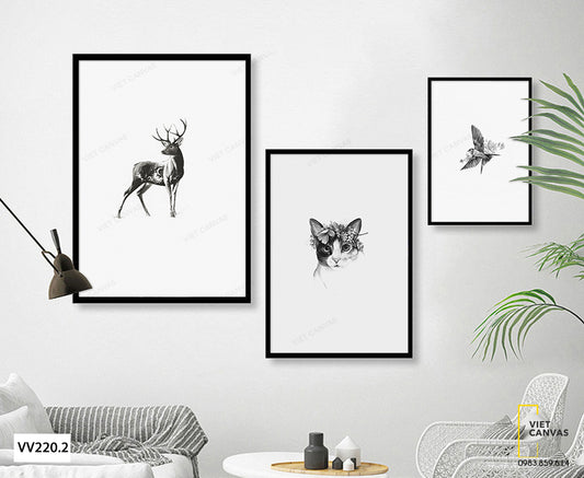 Bộ 3 Tranh Hươu, Mèo Và Chim - VV220.2