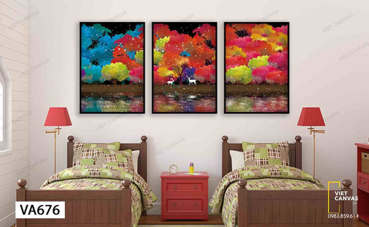 Bộ 3 Tranh Hươu Trong Rừng Cây Lá Sắc Màu - VA676