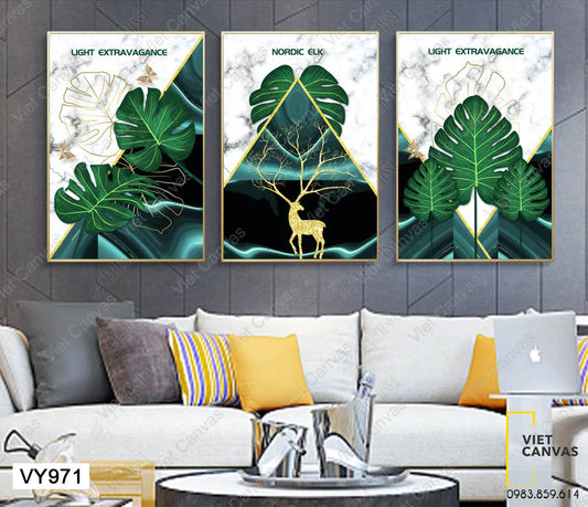 Bộ 3 Tranh Hươu Với Họa Tiết Lá - VY971