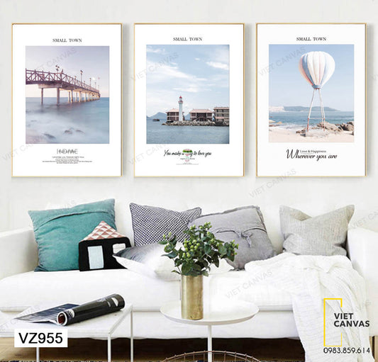 Bộ 3 Tranh Khung Cảnh Bình Yên Bên Bờ Biển Và Cây Cầu - VZ955