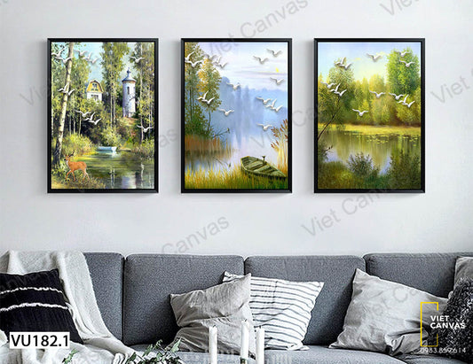 Bộ 3 Tranh Khung Cảnh Thiên Nhiên Và Đàn Cò - VU182.1