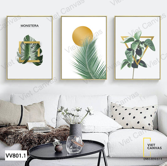 Bộ 3 Tranh Lá Cây Và Hình Học - VV801.1