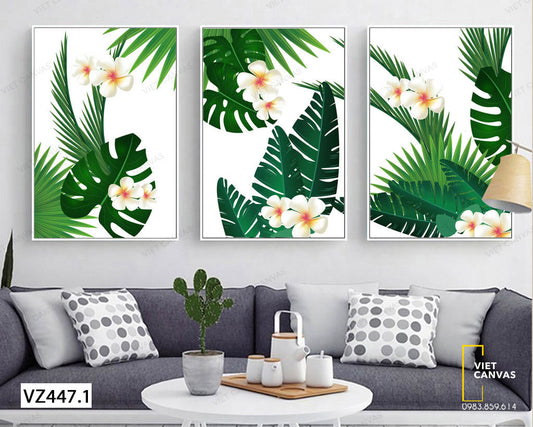 Bộ 3 Tranh Lá Cây Xanh Và Hoa Sứ - VZ447.1