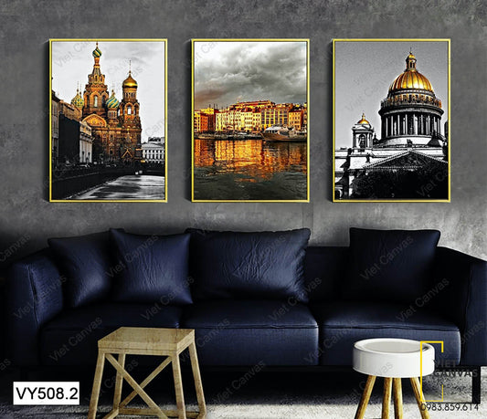 Bộ 3 Tranh Lâu Đài Vàng Thành Phố Châu Âu – VY508.2