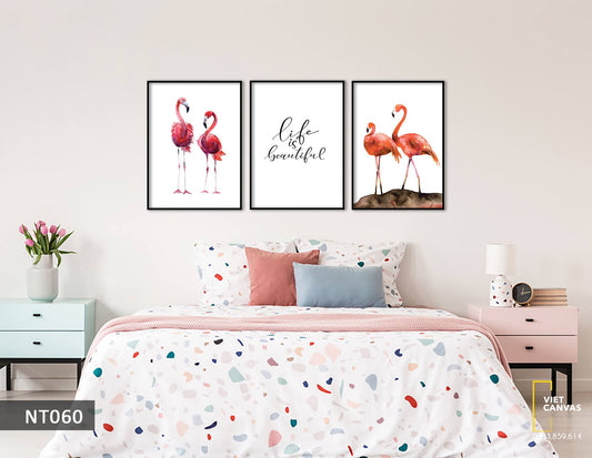 Bộ 3 Tranh Hồng Hạc Và Quotes Life Is Beautiful - NT060