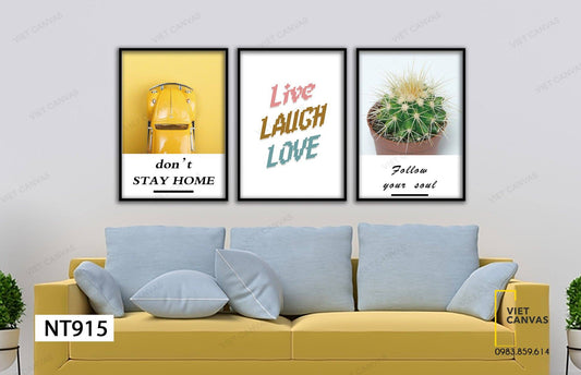 Bộ 3 Tranh Chiếc Xe Vàng Chậu Xương Rồng Và Quotes Live Laugh And Love - NT915