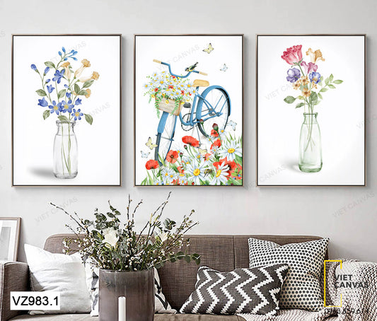 Bộ 3 Tranh Lọ Hoa Và Giỏ Xe Đạp Chở Đầy Hoa - VZ983.1
