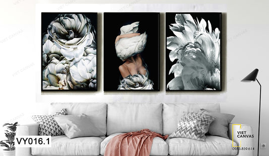 Bộ 3 Tranh Cô Gái Bên Hoa Và Lông Vũ Ấn Tượng - VY016.1