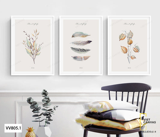 Bộ 3 Tranh Lông Vũ Và Cây Lá - VV805.1