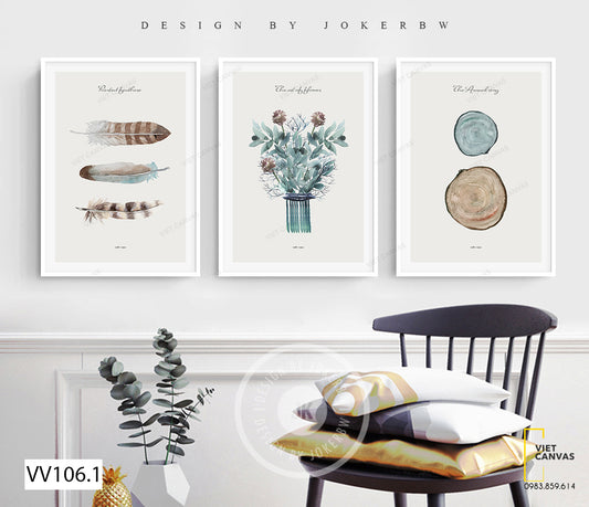 Bộ 3 Tranh Lông Vũ, Vân Gỗ Và Lọ Hoa Ấn Tượng - VV106.1