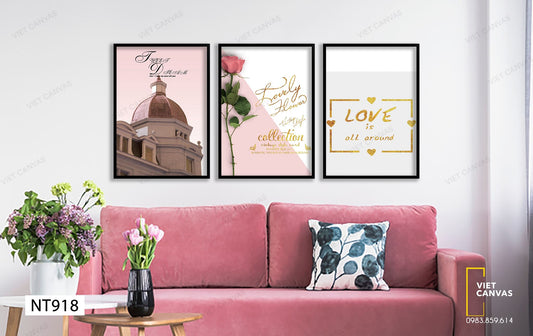 Bộ 3 Tranh Tòa Lâu Đài, Cành Hoa Hồng Và Quotes Love Is All Around - NT918