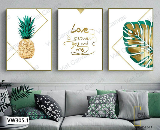 Bộ 3 Tranh Trái Dứa, Lá Cây Và Quotes - VW305.1